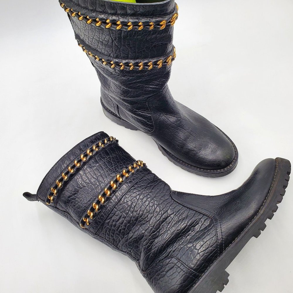 Tory Burch Chain Detail Leather Moto Boots